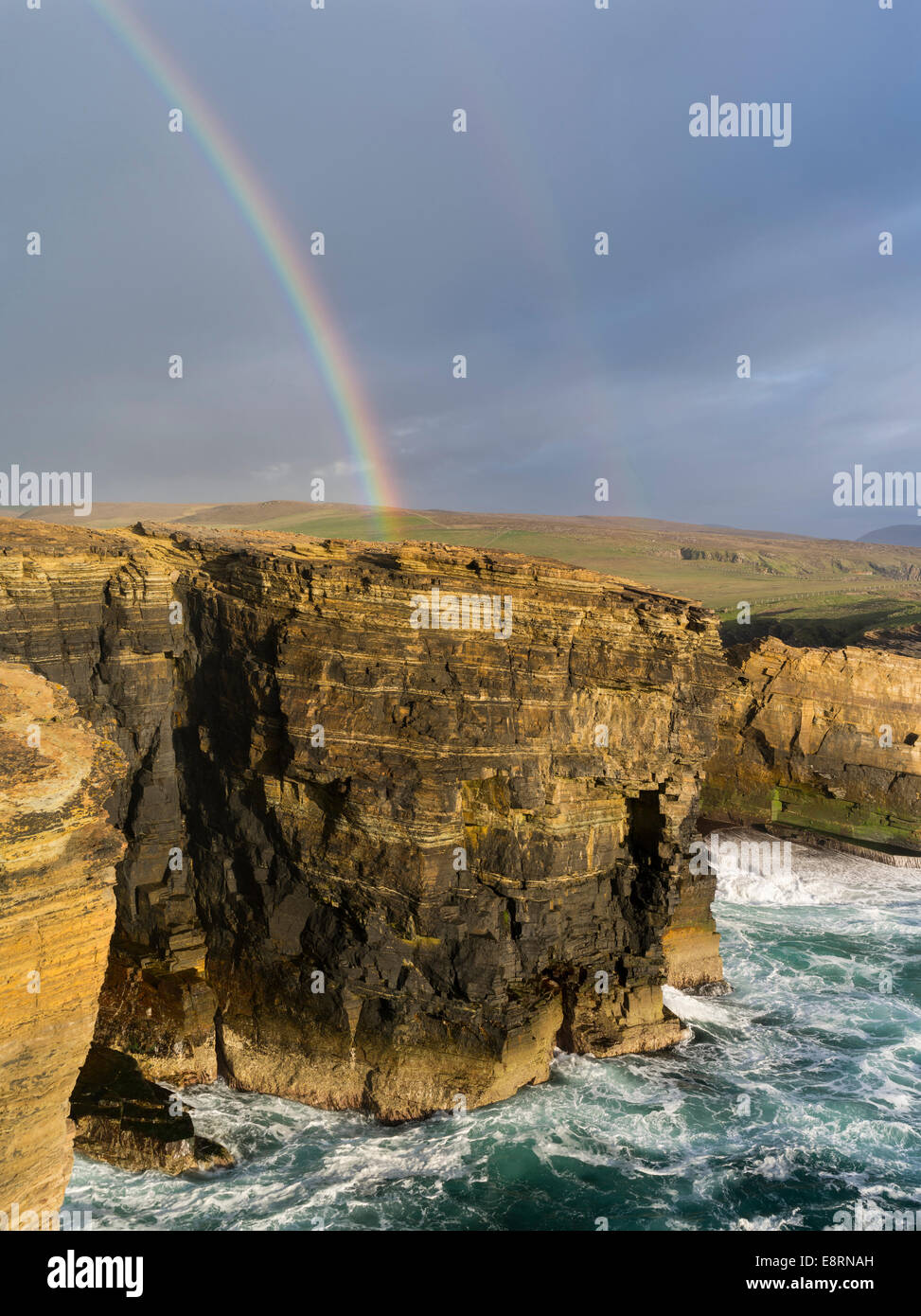 The Cliffs of Yesnaby in Orkney, during stormy weather and sunset, Orkney islands, Scotland. Stock Photo