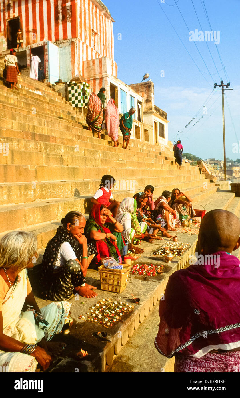 ceremony with offerings in varanasi india Stock Photo