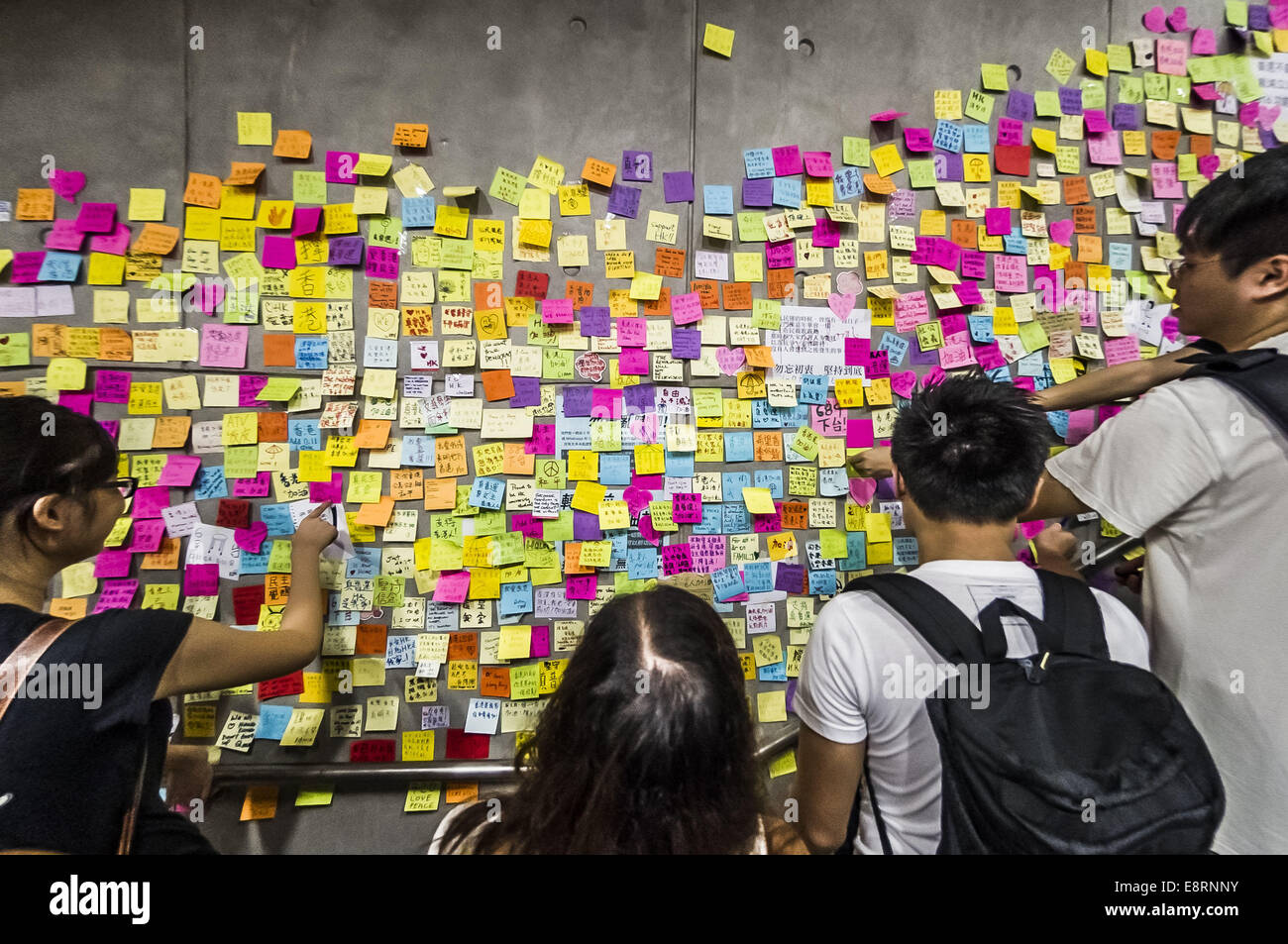 Hong Kong, Hong Kong. 2nd Oct, 2014. Protestors and supporters have turned the steps leading up to Tamar Park into an impromptu message board where they write and share their messages of hope and intent for gaining true democracy and universal suffrage in Hong Kong for the 2017 elections. (Credit Image: © Chris Lusher/zReportage.com via ZUMA Press) Stock Photo
