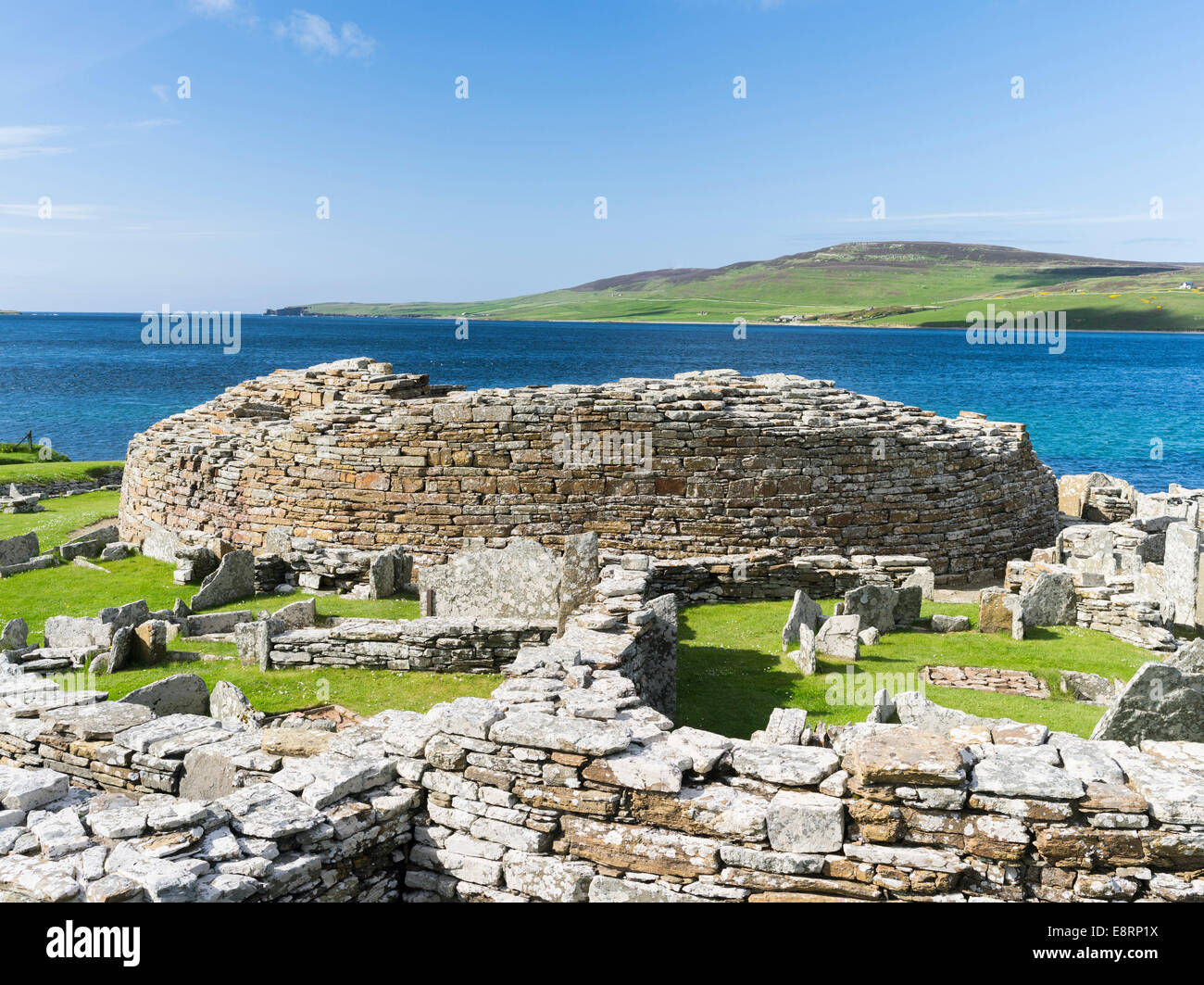 Broch of Gurness is an iron age broch village, inhabited through Pictish times, Orkney islands, Scotland. Stock Photo