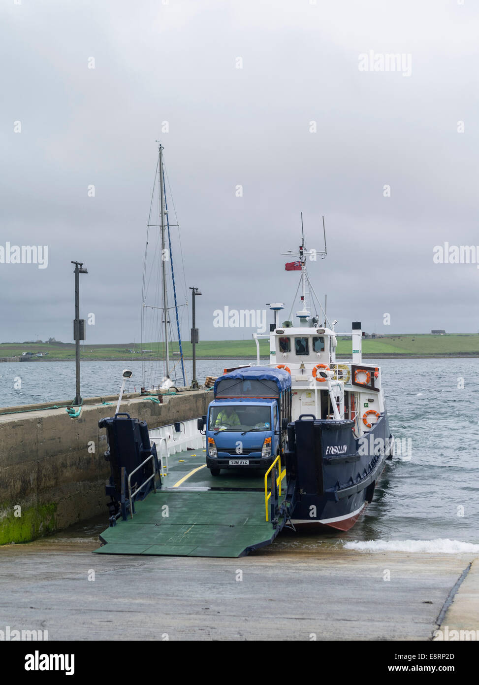Rousay island harbor during rain and storm, ferry to Orkney Mainland, Orkney islands, Scotland. Stock Photo