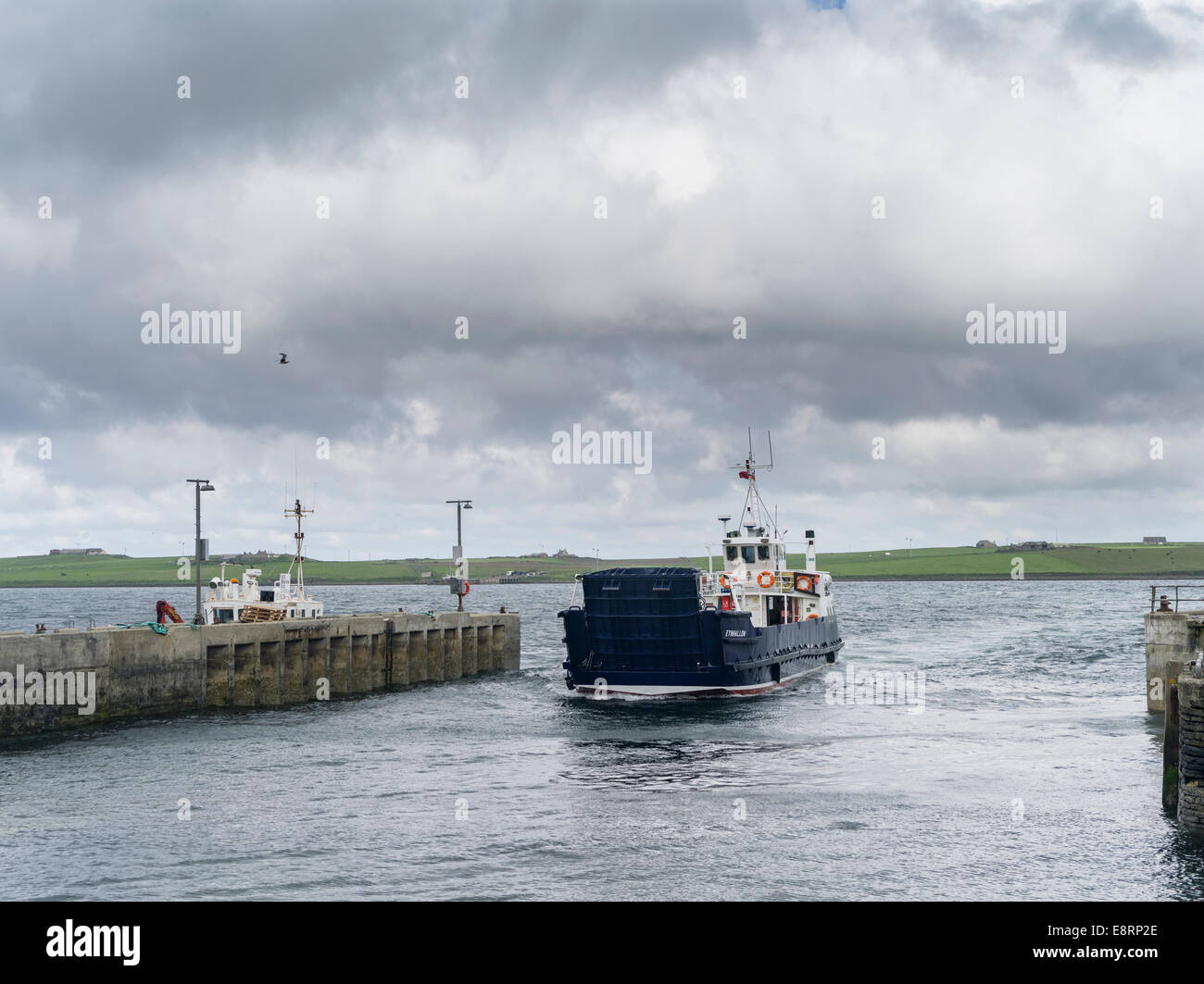 Rousay island harbor during rain and storm, ferry to Orkney Mainland ...
