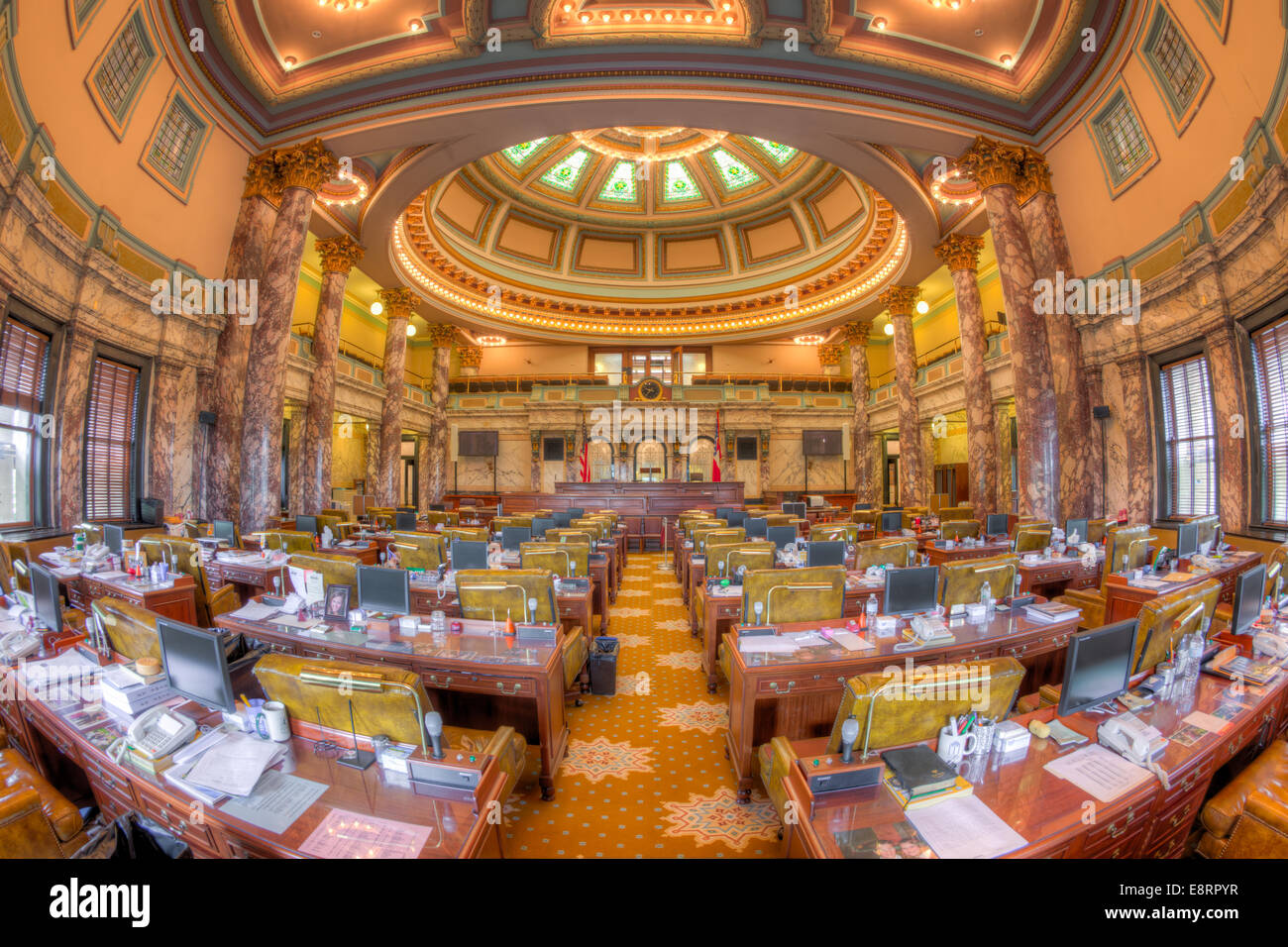 An interior view of the Senate Chamber in the Mississippi State Capitol in Jackson, Mississippi. Stock Photo
