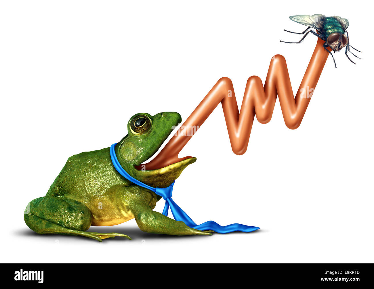 Business target and hitting the mark strategy concept as an anthropomorphic frog wearing a blue tie with a tongue shaped as an upward stock market chart catching a bug as a financial success metaphor on a white background. Stock Photo