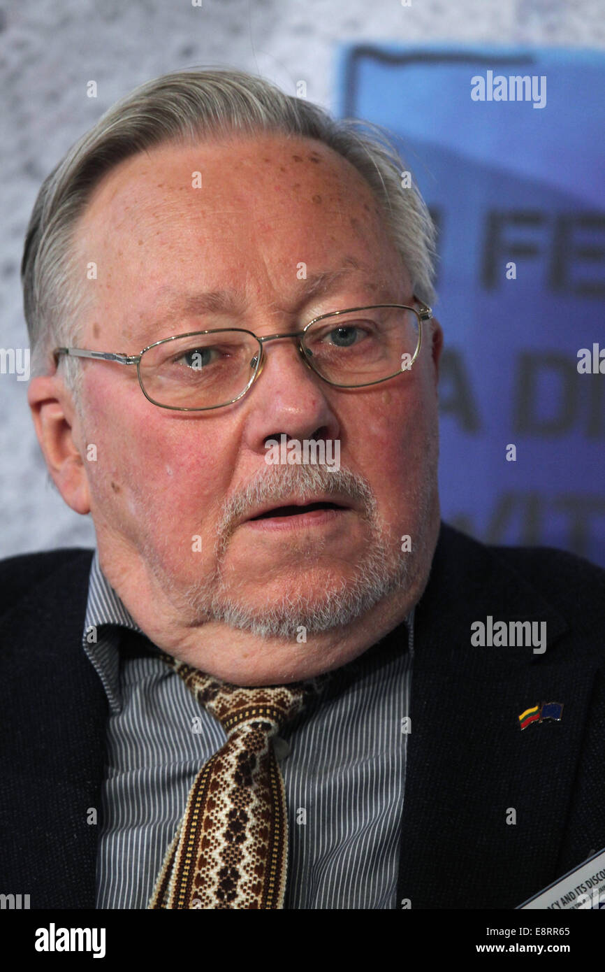 Prague, Czech Republic. 13th October 2014. Lithuanian conservative politician and Member of the European Parliament Vytautas Landsbergis, who was the first head of state of Lithuania after its independence declaration from the Soviet Union, attends the Forum 2000 conference in Prague, Czech Republic, in October 13, 2014. The Forum 2000 Conference pursues the legacy of late Czech president Vaclav Havel by supporting the values of democracy and respect for human rights. Stock Photo