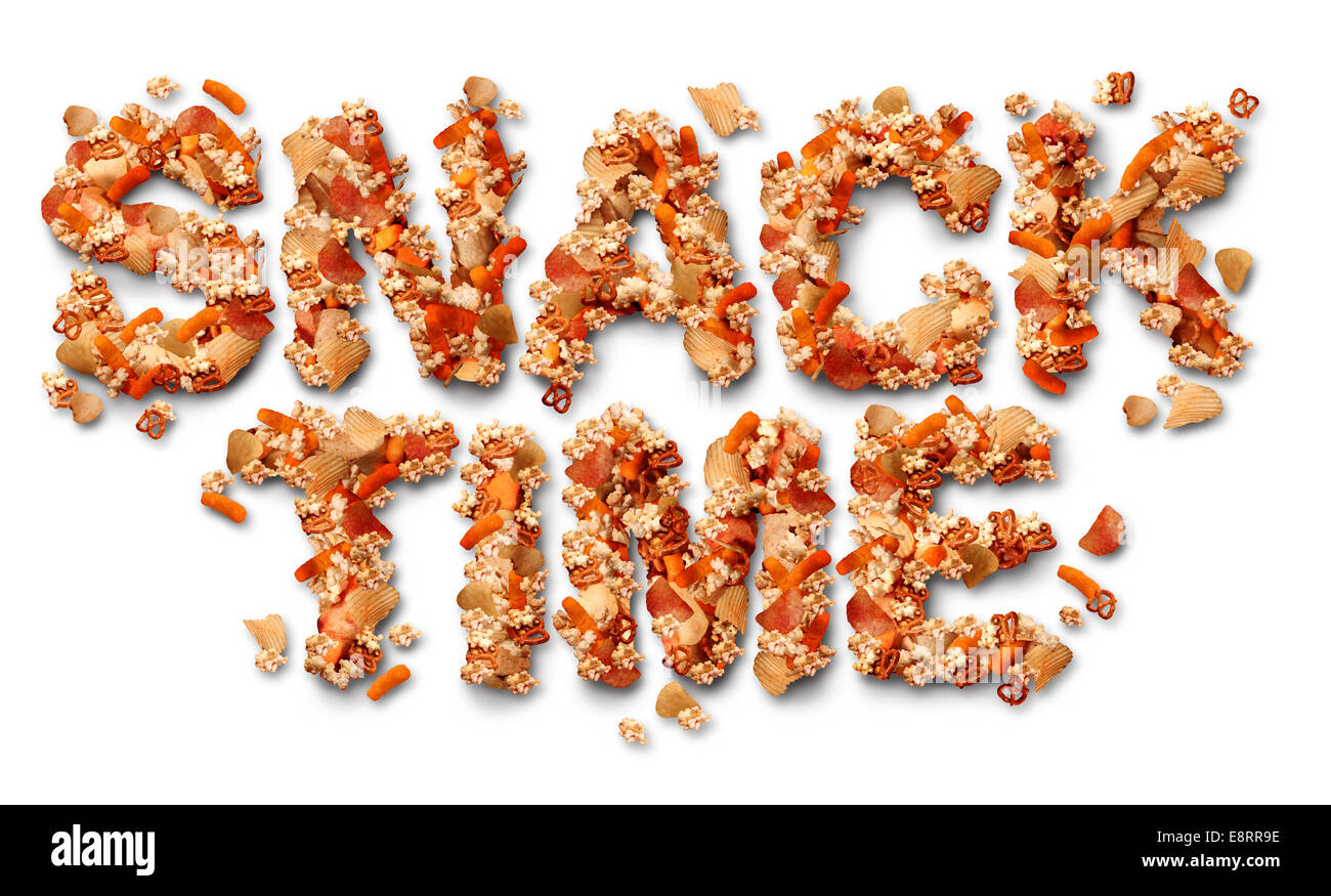 Snack time concept with a group of salty party snacks shaped as letters as a symbol of fatty food treats for watching TV or sports events as a delicious addictive choice but unhealthy option. Stock Photo