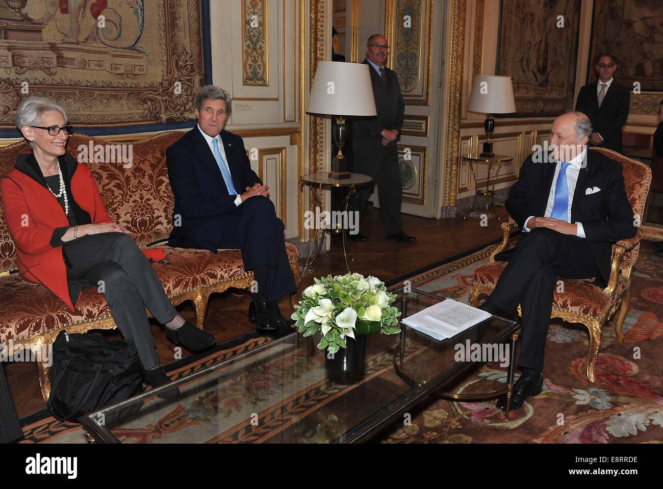 Paris. 13th Oct, 2014. French Foreign Minister Laurent Fabius (R) meets ...