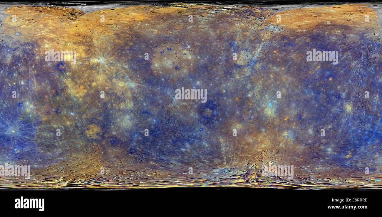 This colorful view of Mercury was produced by using images from the color base map imaging campaign during MESSENGER's primary m Stock Photo