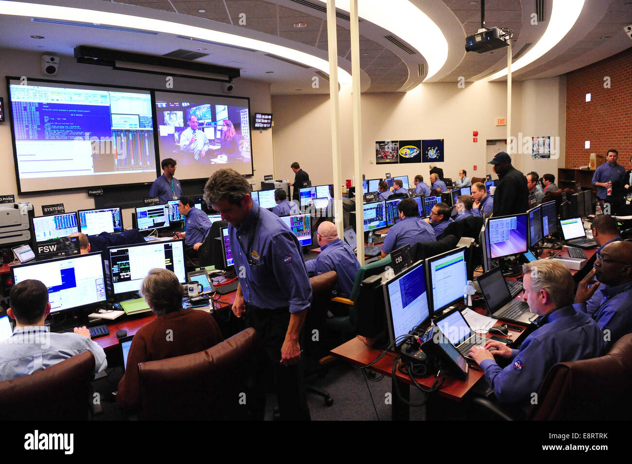 One of the control rooms at NASA’s Goddard Space Flight Center in Greenbelt, Md., prepares for the GPM mission’s Core Observator Stock Photo