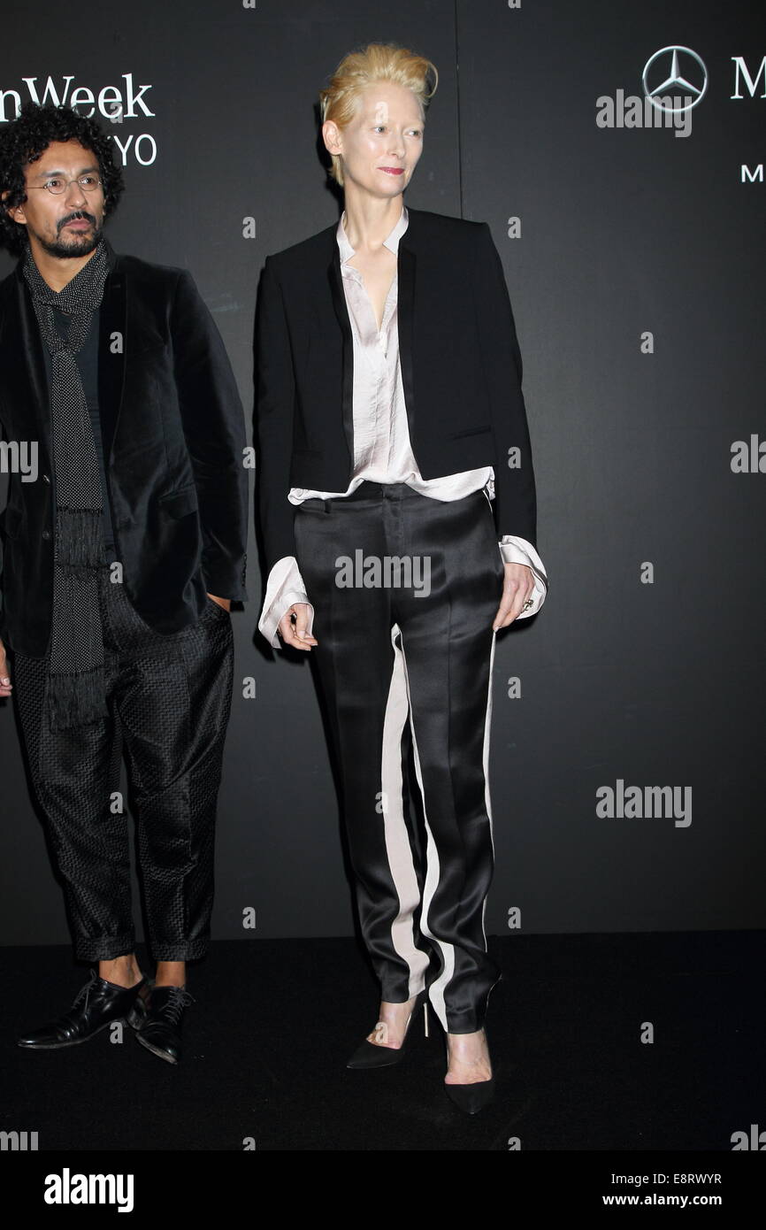 Designer Haider Ackermann, actress Tilda Swinton and Mercedes Bentz Japan CEO Kintaro Ueno attend the opening ceremony of Mercedes-Benz Fashion TOKYO 2015 S/S on October 13, 2014 in Tokyo, Japan Stock