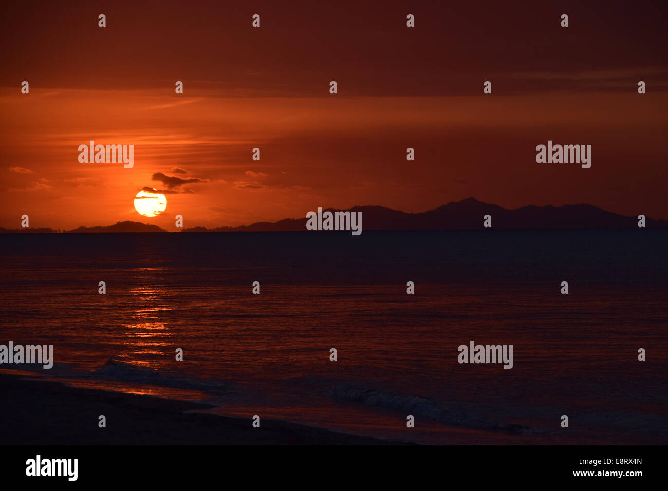 Beautiful Fiji Landscape Red Summer Sun Sunset Vacations Water spectacular Stock Photo