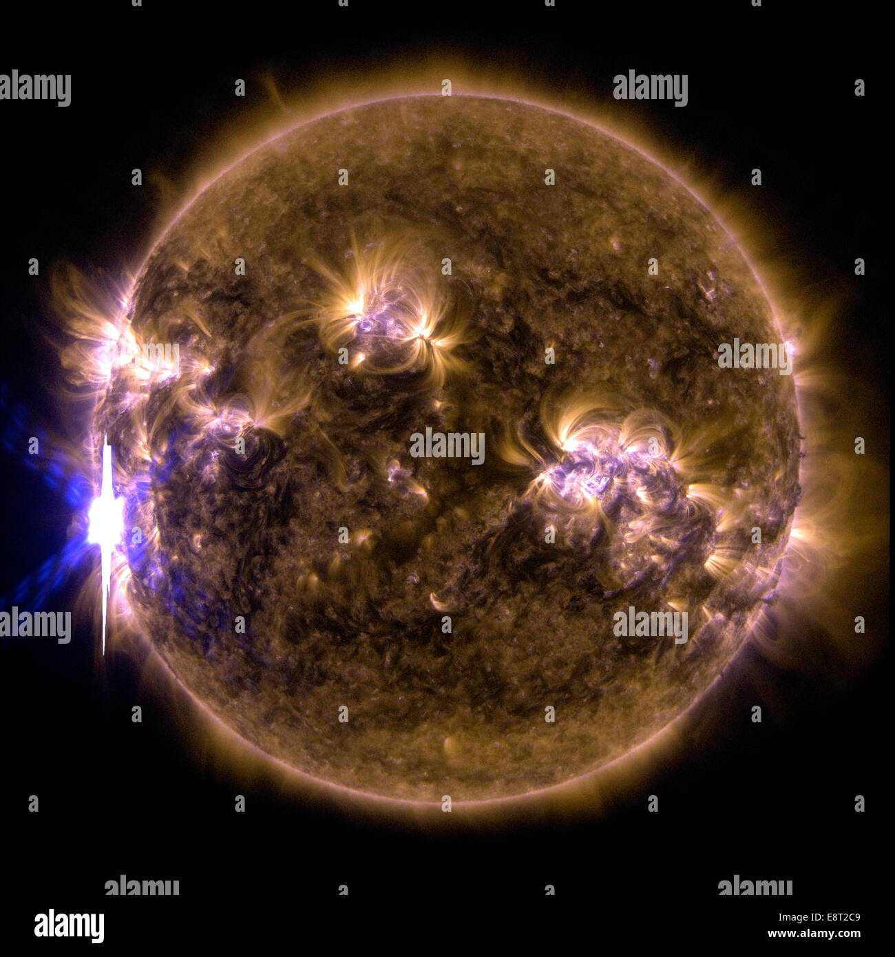 Caption: An X-class solar flare erupted on the left side of the sun on the evening of Feb. 24, 2014. This composite image, captured at 7:59 p.m. EST, shows the sun in X-ray light with wavelengths of both 131 and 171 angstroms. Stock Photo