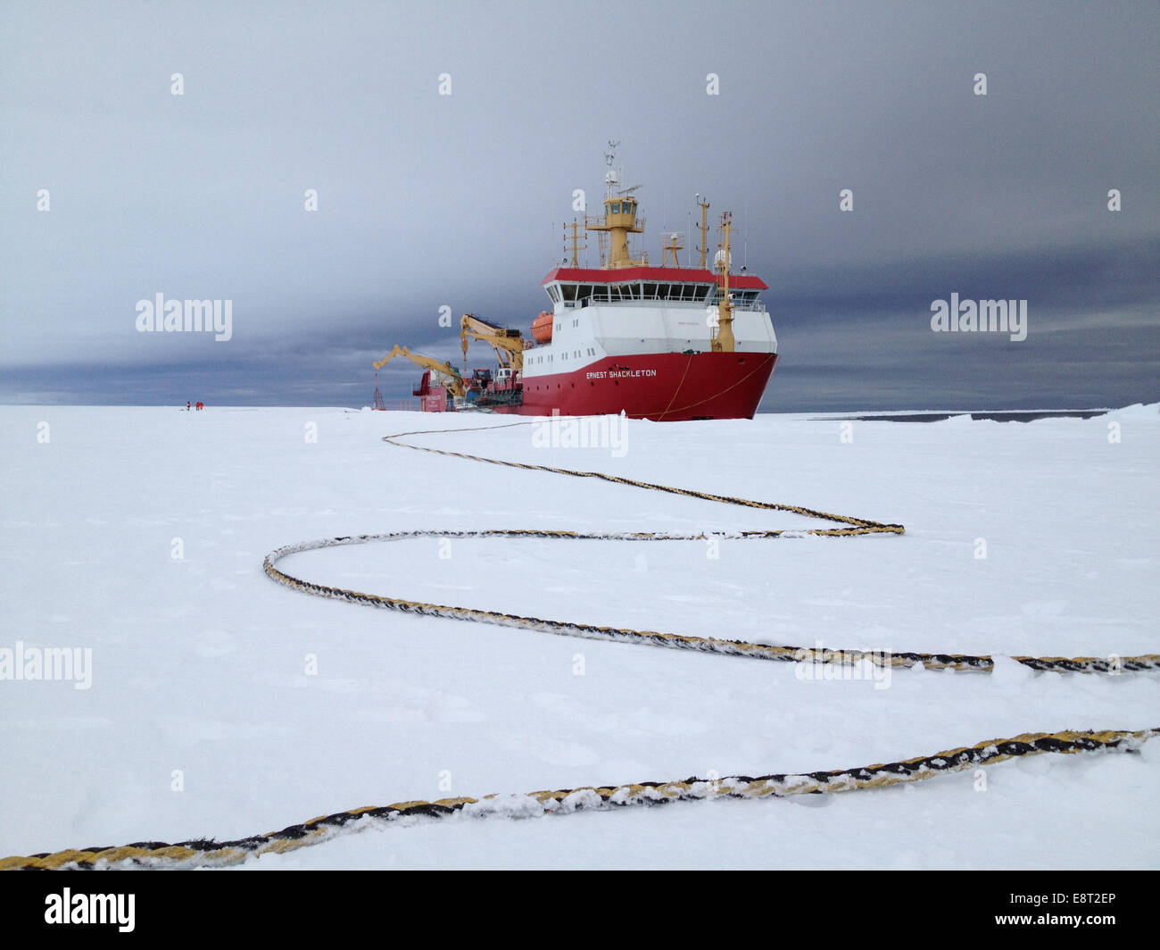 Arrival of the RRS Ernest Shackleton near Halley Research Station in Antarctica. The Shackleton is the regular resupply ship for the station and it also brought in some of the BARREL team scientists. The long tether is for the ship’s mooring. Stock Photo