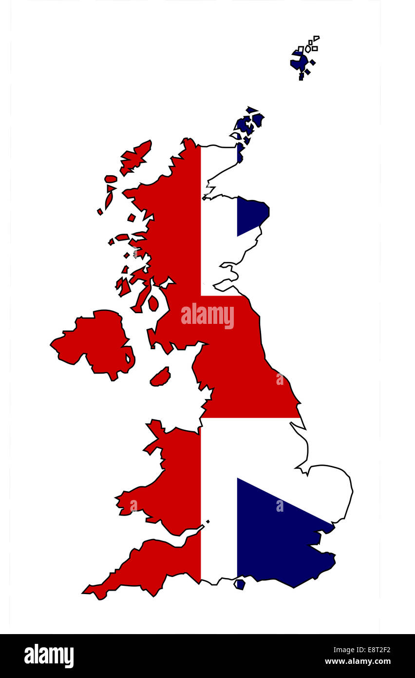 Outline map of the United Kingdom of England Scotland Northern Ireland and Wales within a Union Flag Stock Photo