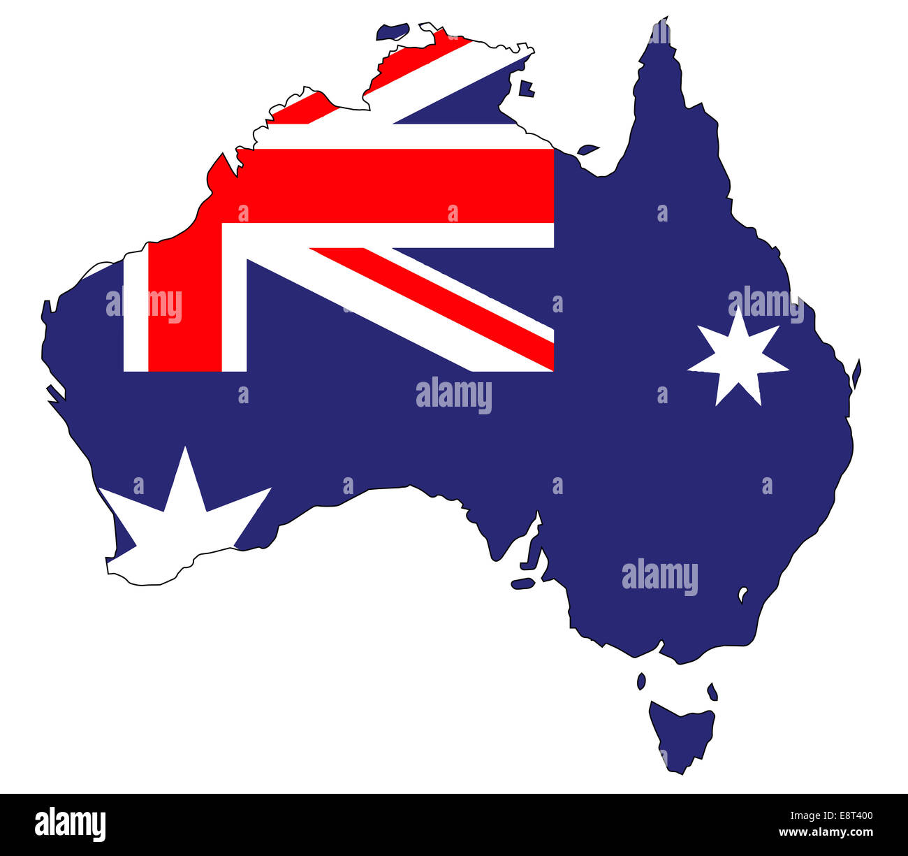 Outline map of Australia and national flag over a white background Stock Photo