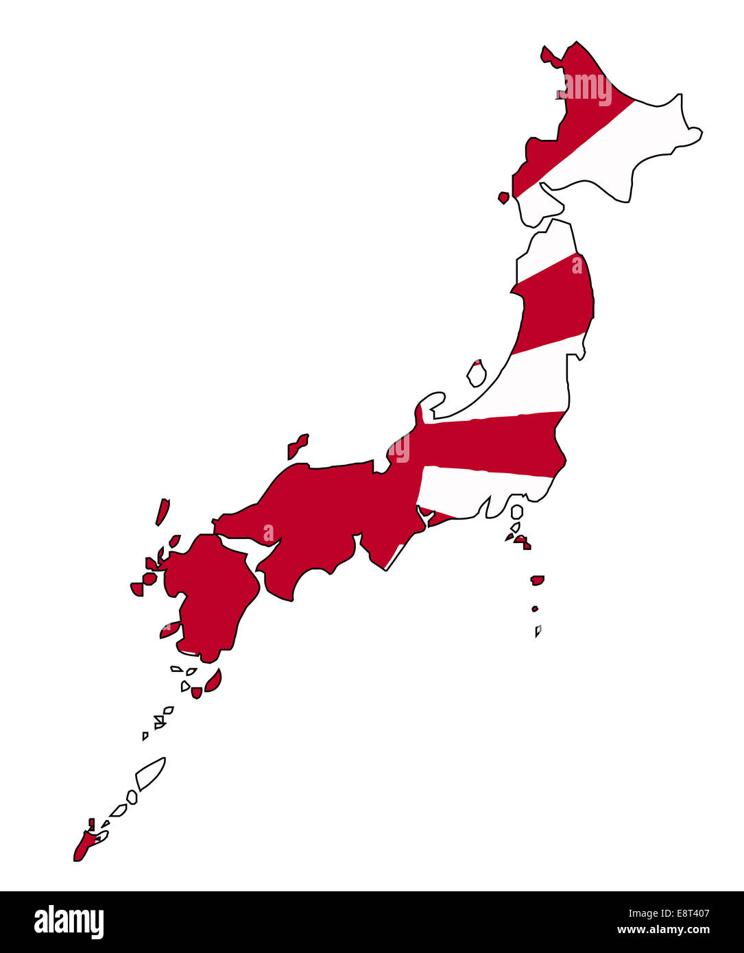 Outline map of Japan isolated over red and white Japanese rising sun flag Stock Photo