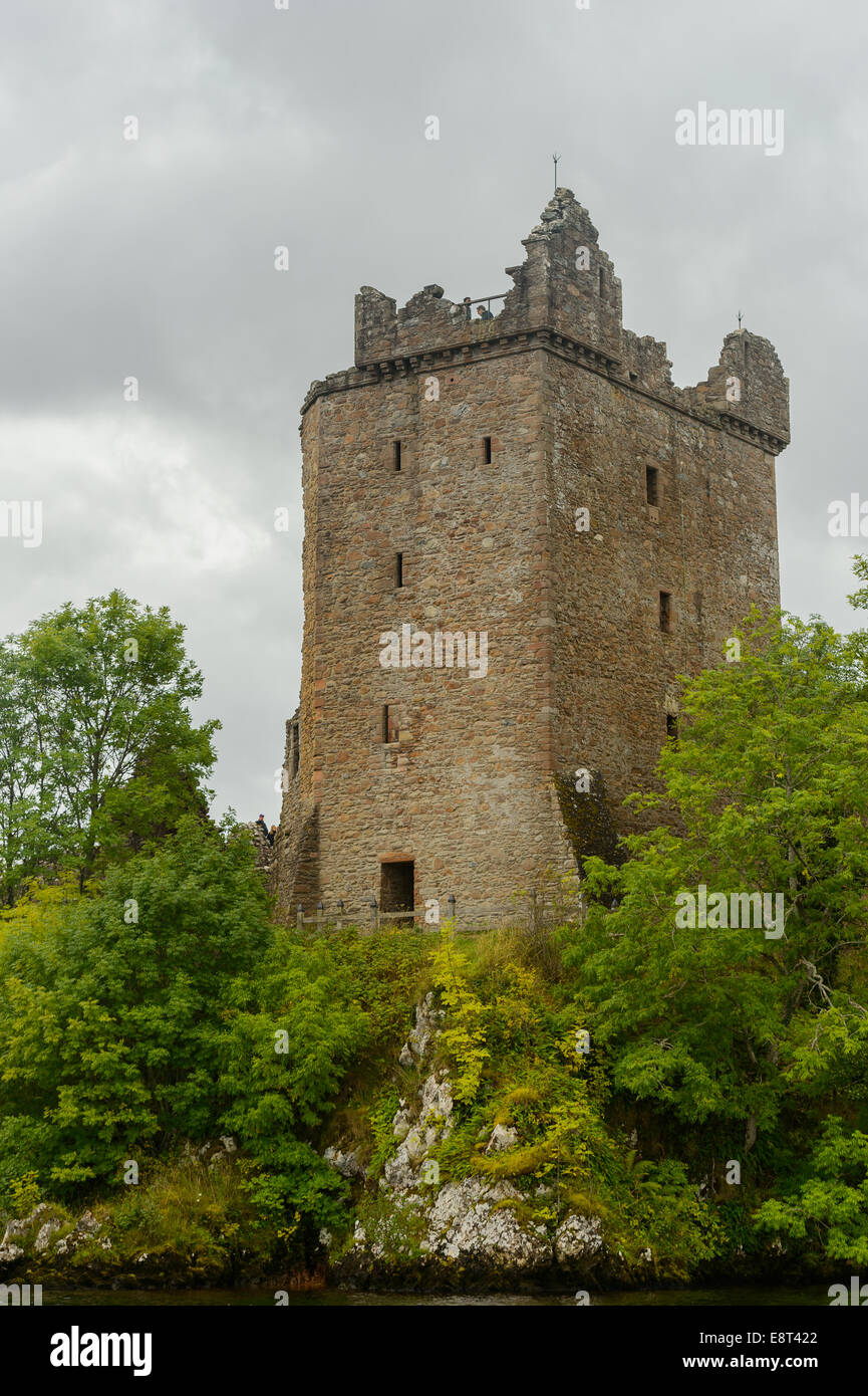 A Scottish tourist attraction, Grant Tower, part of the Urquhart Castle ruins on the banks of Loch Ness, Scotland. Stock Photo