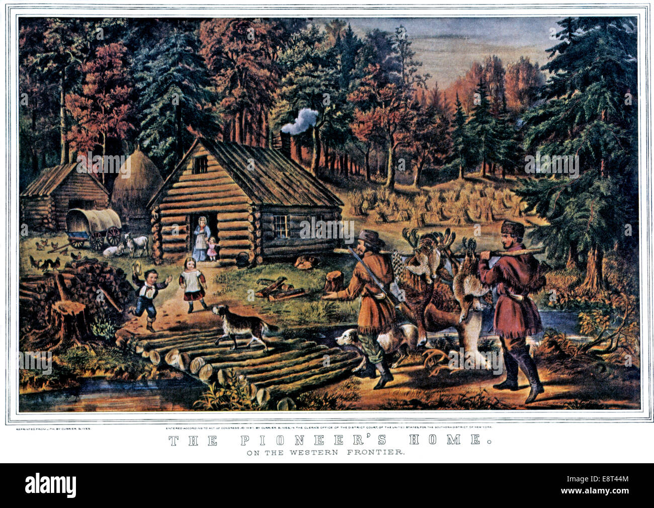 THE PIONEER HOME ON WESTERN FRONTIER CURRIER & IVES LITHOGRAPH 1867 Stock Photo