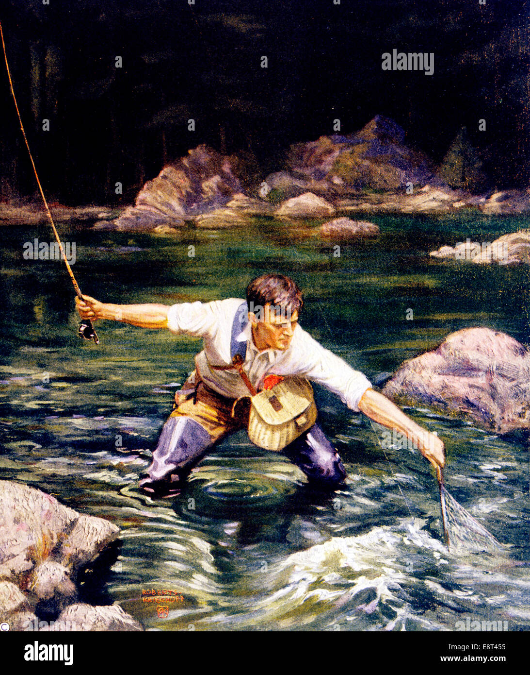 https://c8.alamy.com/comp/E8T455/1920s-cover-sunday-magazine-landing-the-trout-man-fishing-in-stream-E8T455.jpg