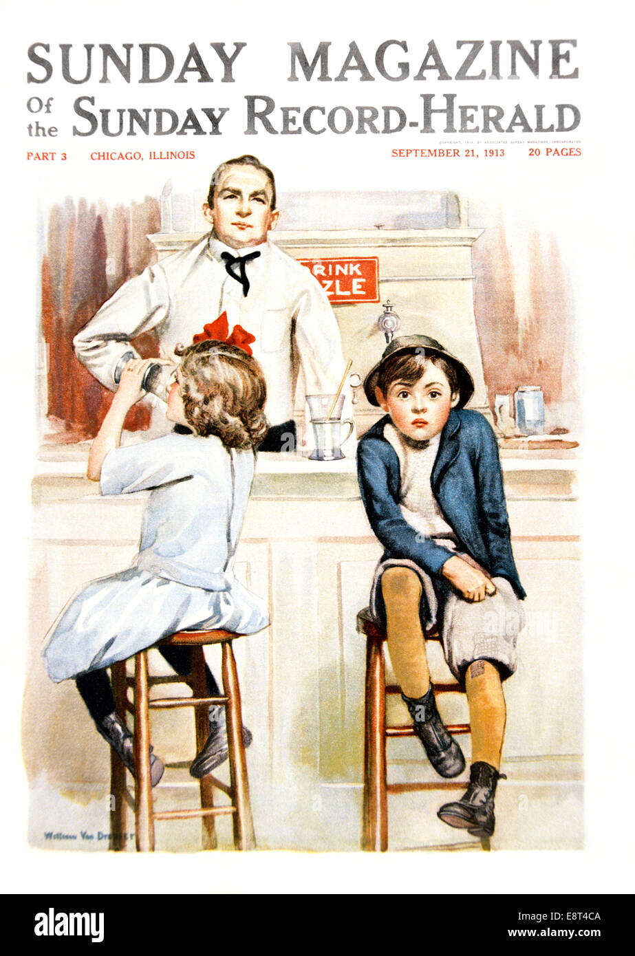 1910s 1913 SUNDAY MAGAZINE COVER GIRL FINISHING DRINK SODA FOUNTAIN COUNTER BOY REACHES IN POCKET FOR MONEY TO PAY FOR SODAS Stock Photo