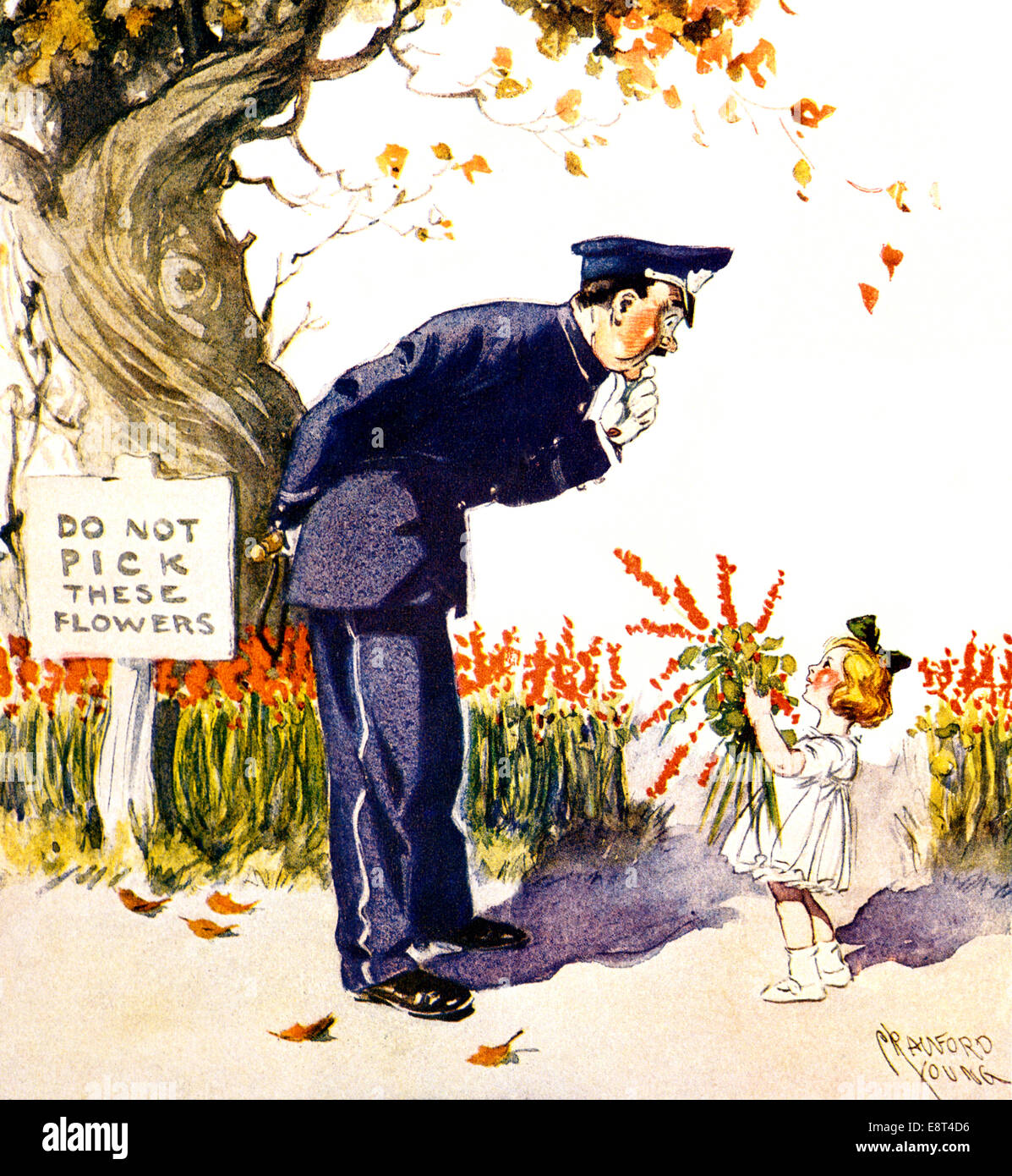 1900s 1910s LITTLE GIRL HANDING BOUQUET TO POLICEMAN BY DO NOT PICK FLOWERS SIGN Stock Photo