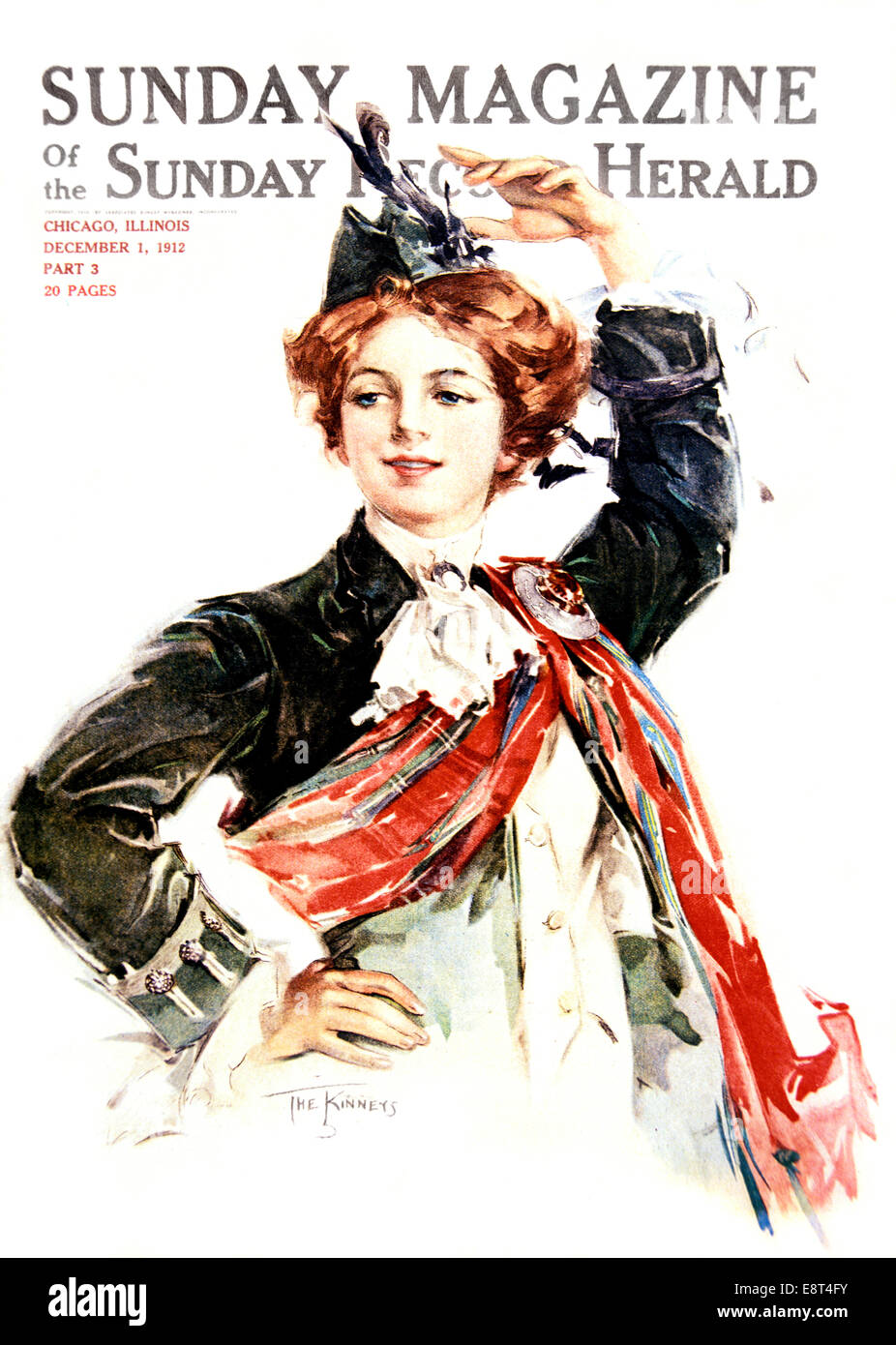 1910s RED HAIRED WOMAN WEARING SCOTTISH HIGHLAND DRESS HAND OVER HEAD DANCING FLING SUNDAY MAGAZINE DECEMBER 1912 Stock Photo
