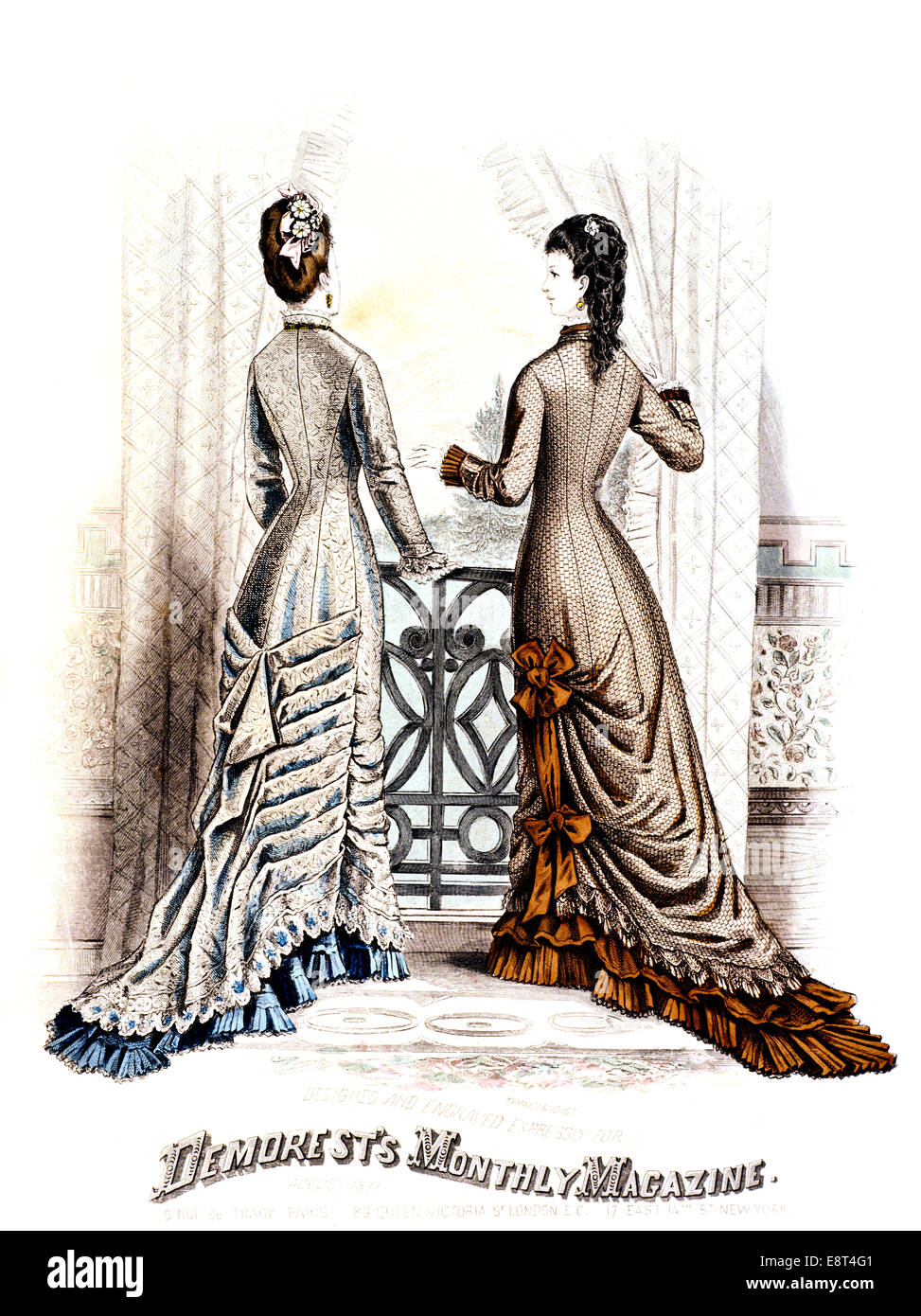 1800s 1870s FASHION PLATE SUMMER DRESSES AUGUST 1877 DEMOREST'S MONTHLY  MAGAZINE Stock Photo