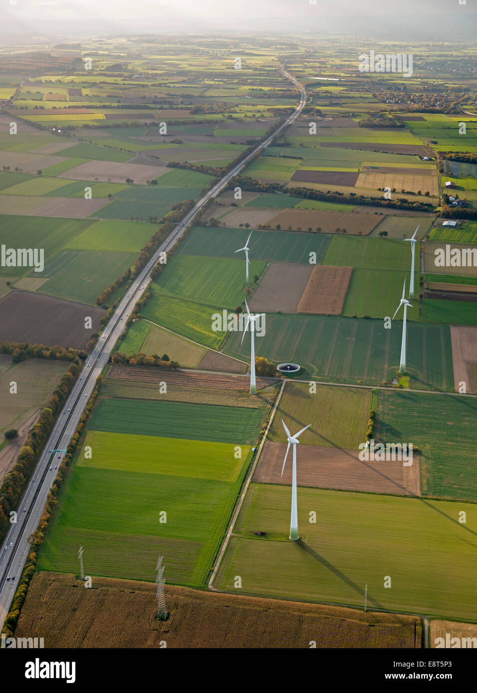 Aerial view, cultivated landscape with wind turbines, near Ense, North Rhine-Westphalia, Germany Stock Photo