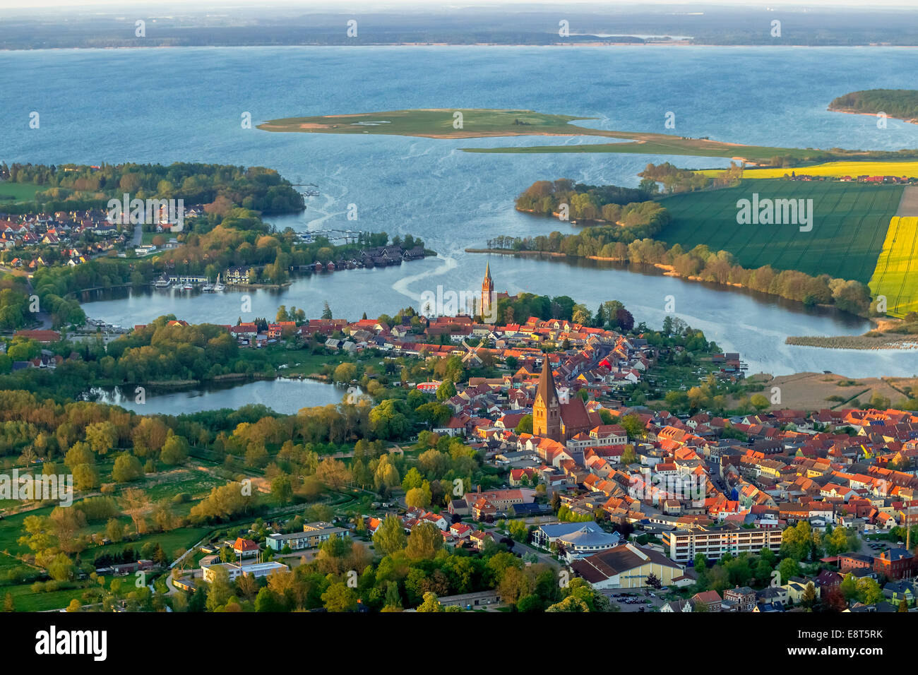 Aerial view, town of Röbel, Church of St. Nikolai at the front and St. Mary's Church at the back Stock Photo