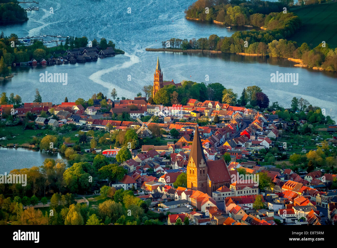 Aerial view, town of Röbel, Church of St. Nikolai at the front and St. Mary's Church at the back Stock Photo