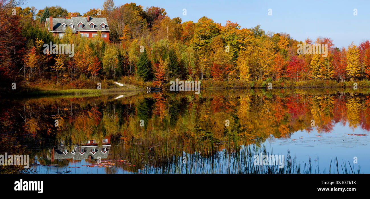 House on beaver pond amongst the trees in autumn, Eastern Townships