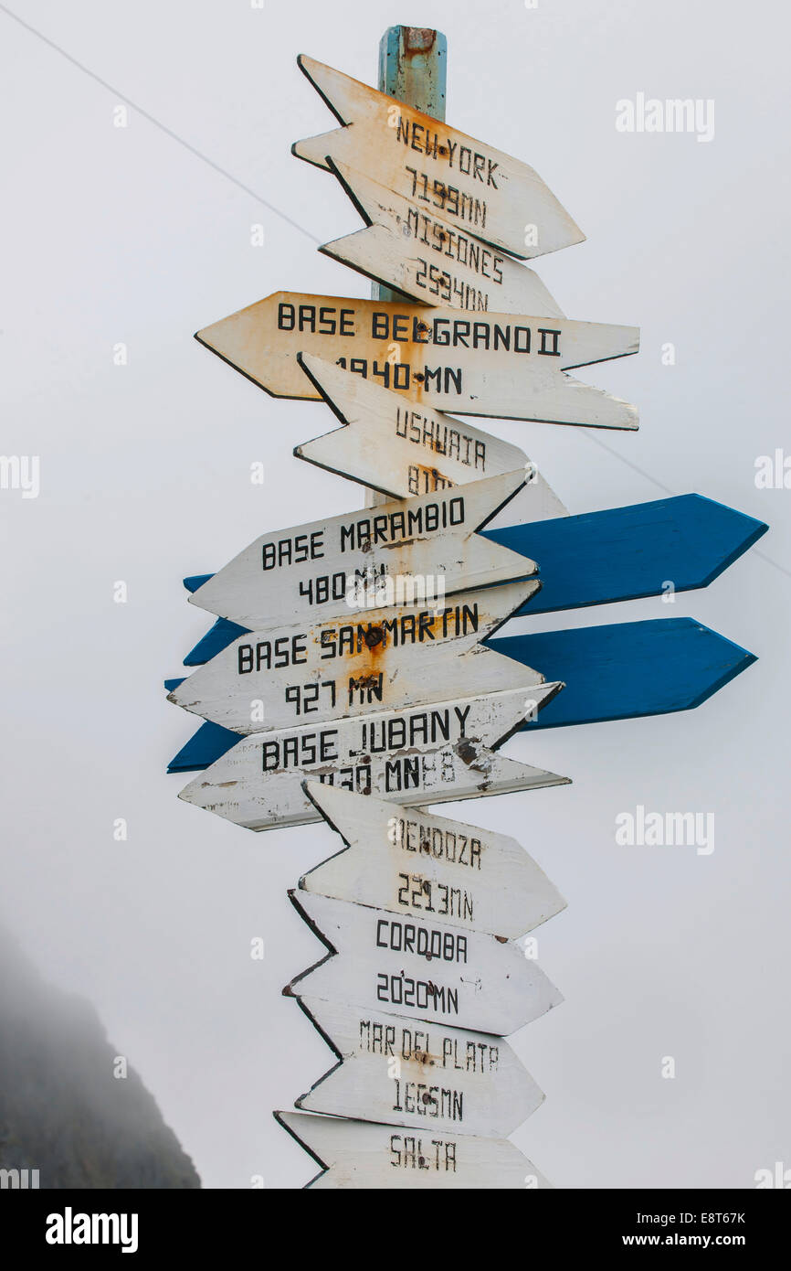 Distances, signpost at the Argentine research station Orcadas Base, Laurie Island, South Orkney Islands, Antarctica Stock Photo