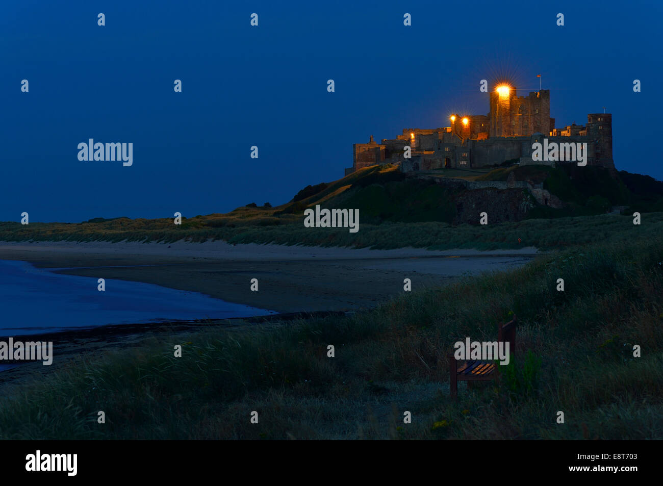 Bamburgh Castle at night, Bamburgh, Northumberland, England, United Kingdom Stock Photo