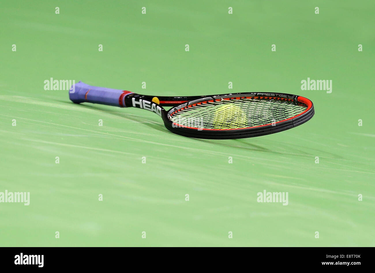 Tennis racket on the ground, Germany Stock Photo