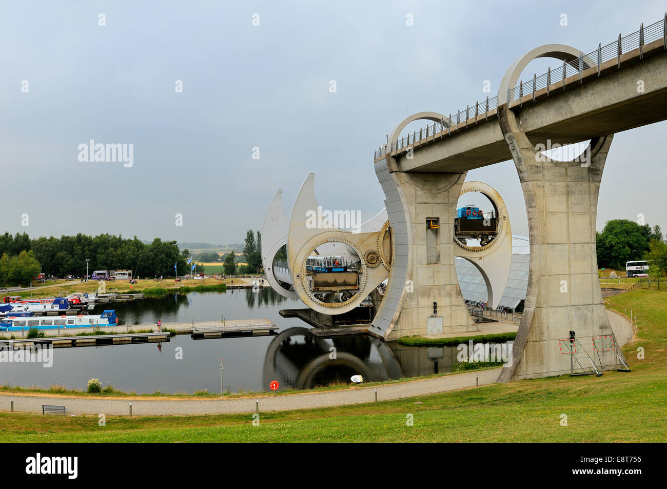 The Falkirk Wheel, unique boat lift in the shape of a ferris wheel, connecting the Forth and Clyde Canal with the Union Canal Stock Photo
