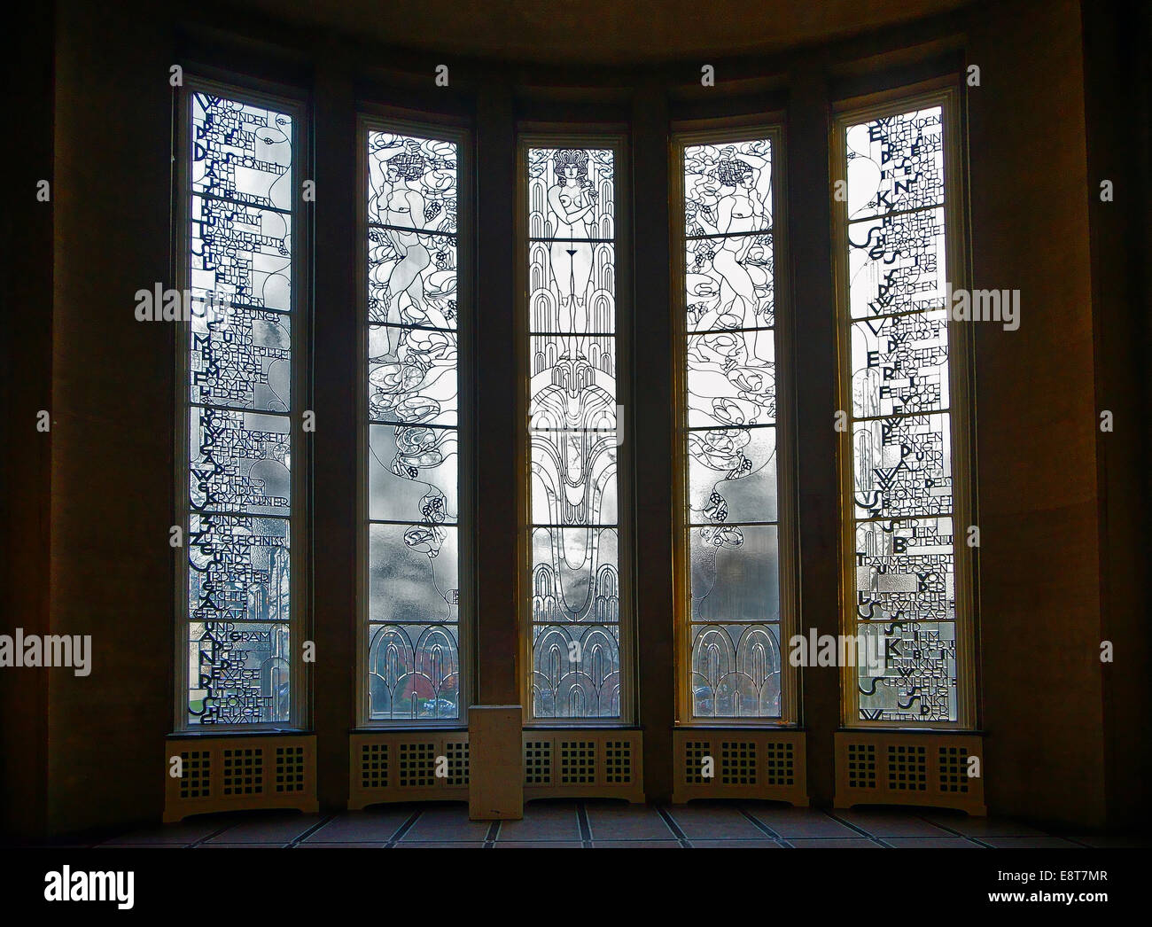 Art Nouveau glass window 'Beauty as a message' by Carl Otto Czeschka, College of Fine Arts, Hamburg, Germany Stock Photo