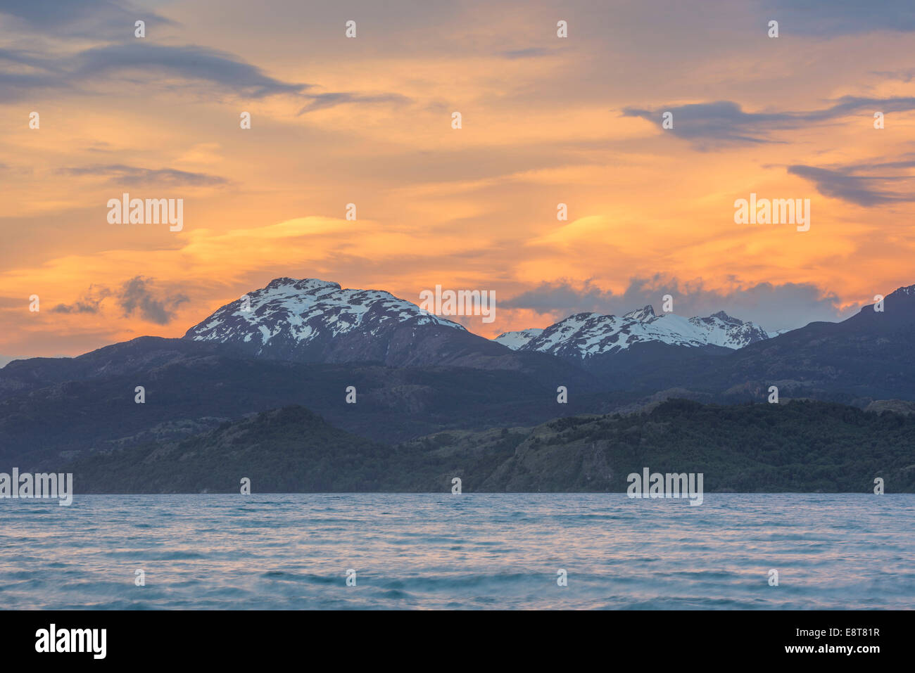 Sunset on Lake General Carrera, General Carrera Lake, Puerto Tranquilo, Aysén Province, Chile Stock Photo