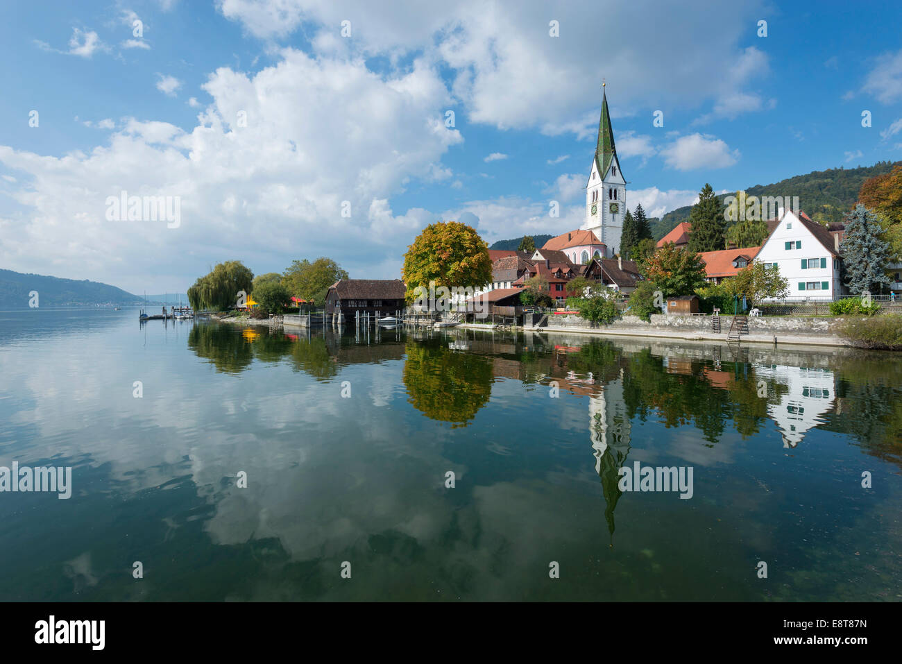 Lake Constance, shore with the parish church, Sipplingen, Baden-Württemberg, Germany Stock Photo