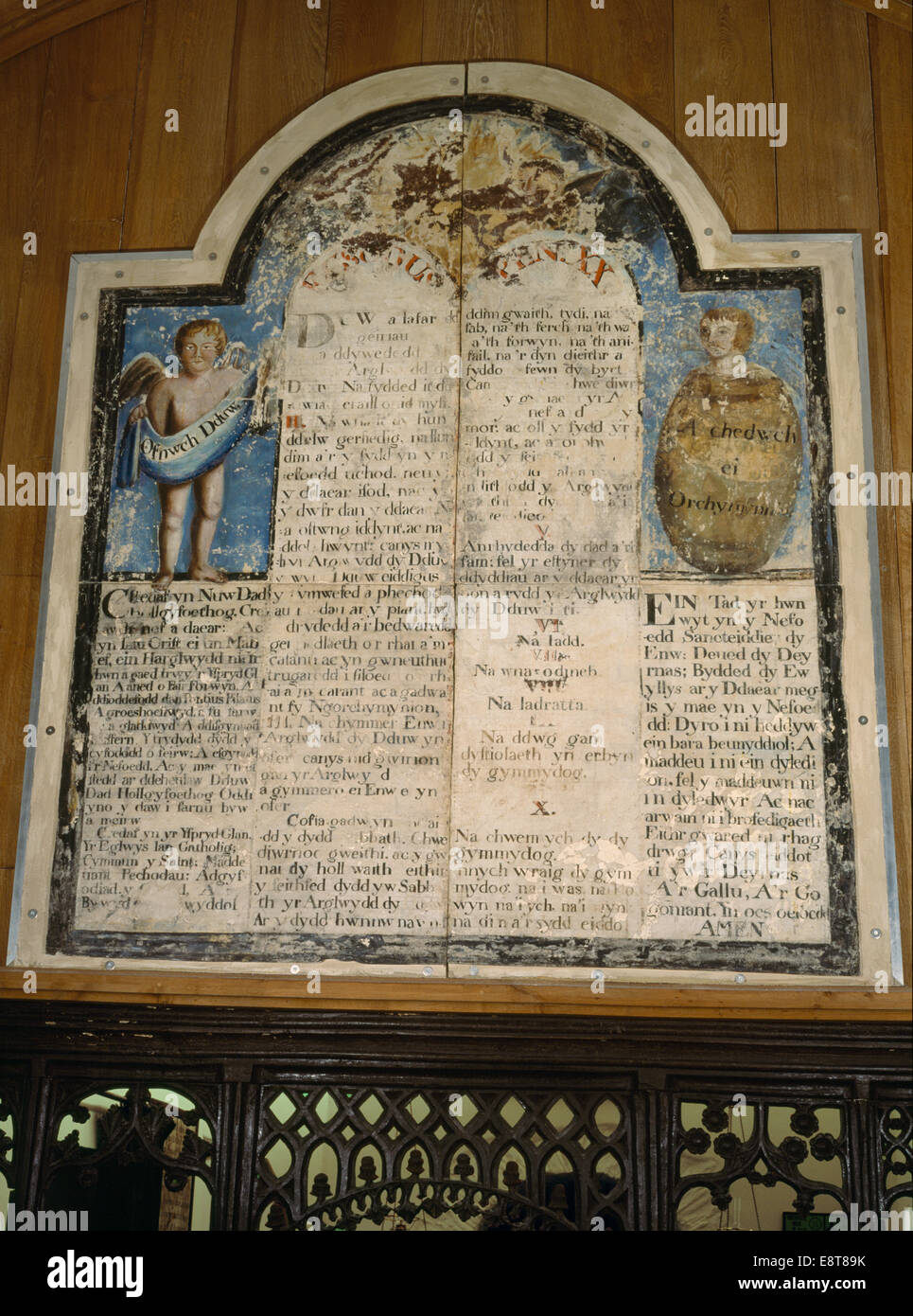 A conserved C18th wall painting of The Sentences: Lord's Prayer, Apostles' Creed & Ten Commandments (Decalogue) in Welsh at Pennant Melangell Church. Stock Photo