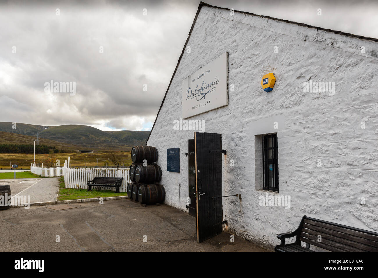 Exterior of Dalwhinnie Distillery Buildings, Highland, Scotland, A subsidiary of Diageo group. Stock Photo