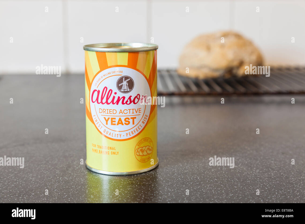 Can of Allinson Dried Active Yeast on a kitchen surface Stock Photo