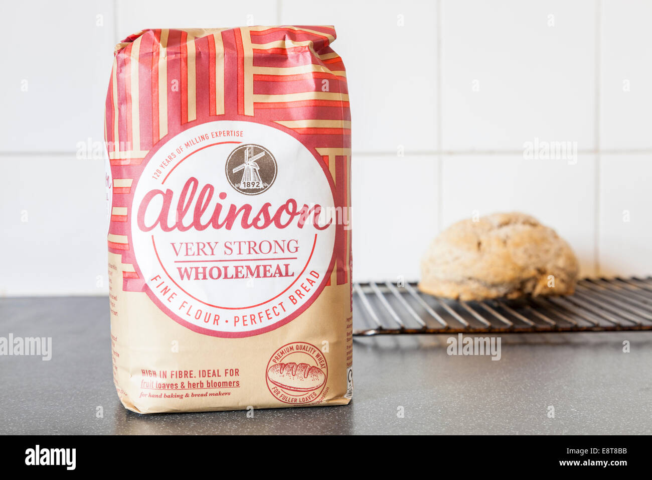 Bag of Allinson Very Strong Wholemeal Flour for making bread on a Stock