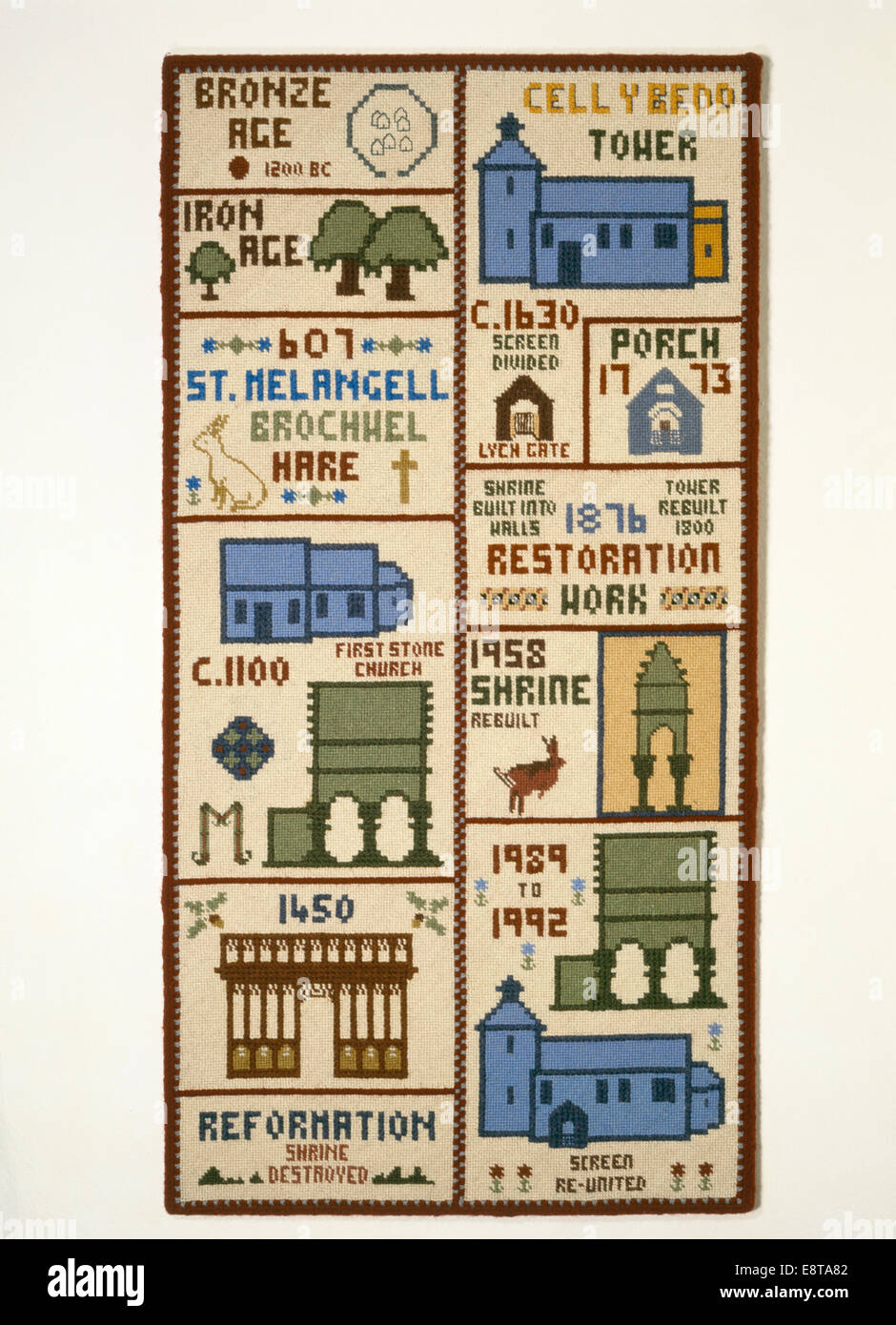 1990s needlepoint wall hanging inside St Melangell's church, Powys, Mid Wales, illustrating the history of site from 1200BC up to 1989-92 restoration. Stock Photo
