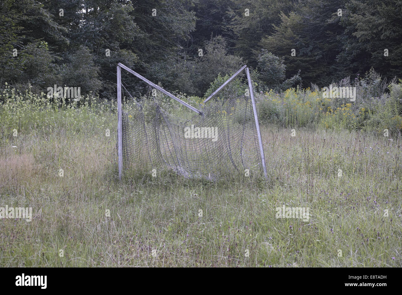 Old ruined wooden  football goal in high grass - in shape of letter 'M' Stock Photo