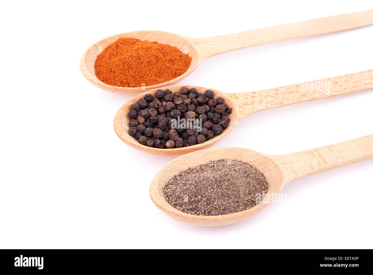Spices on wooden spoons isolated on white background. Stock Photo