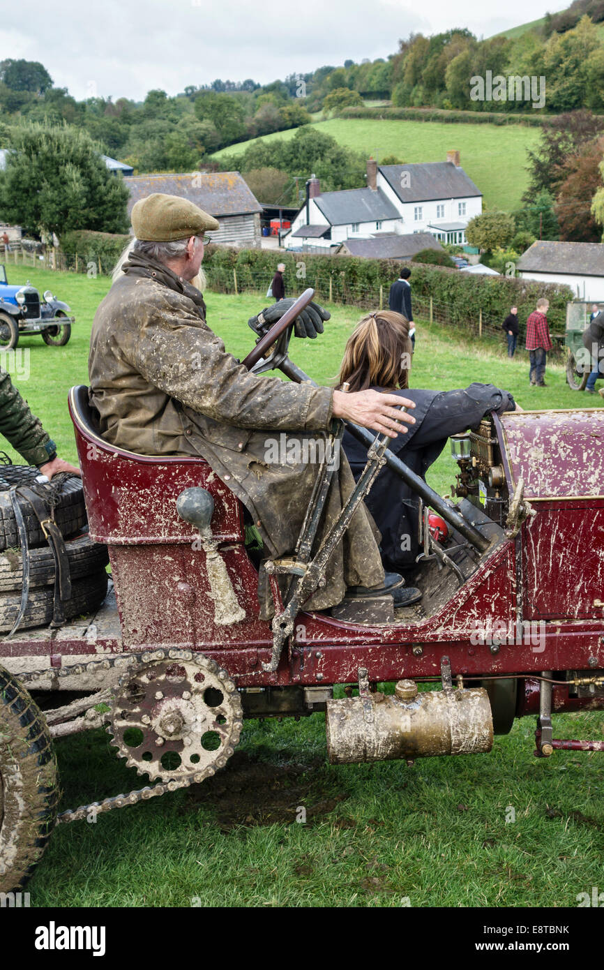 A muddy 1903 Mercedes chain driven 60HP sports car at the annual Welsh Trial of the Vintage Sports-Car Club (Cwm Whitton, Knighton, Powys, UK) Stock Photo