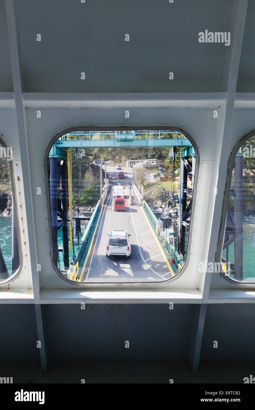Bridge viewed through ferry boat window Stock Photo