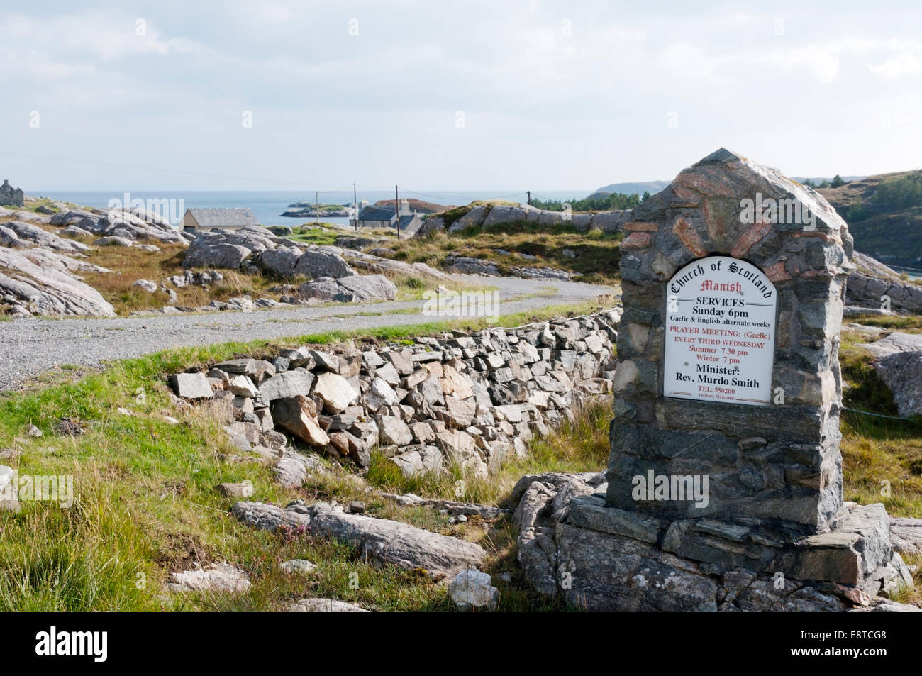 A sign for the Church of Scotland at Manish on the Isle of Harris. Stock Photo