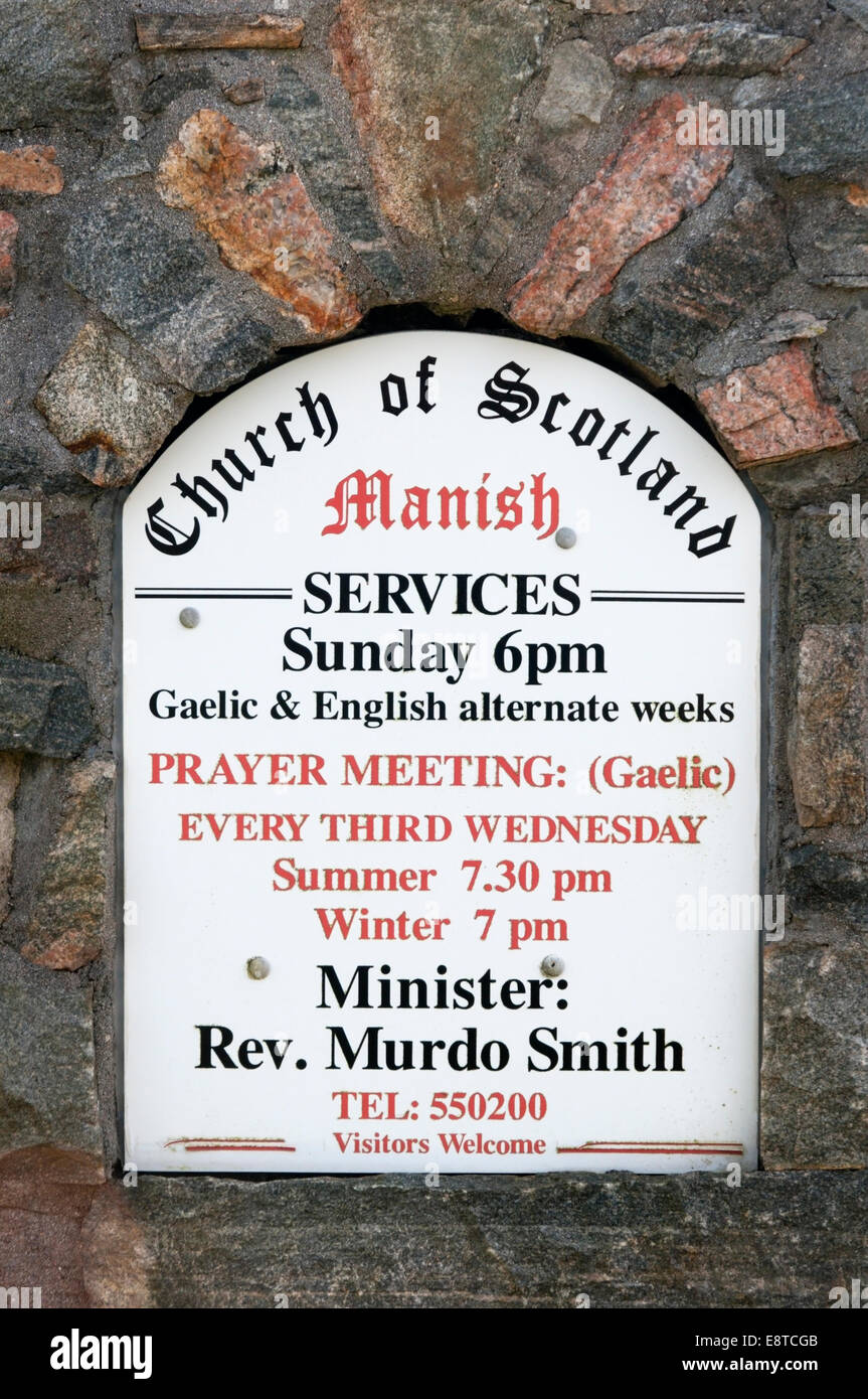 A sign for the Church of Scotland at Manish on the Isle of Harris. Stock Photo