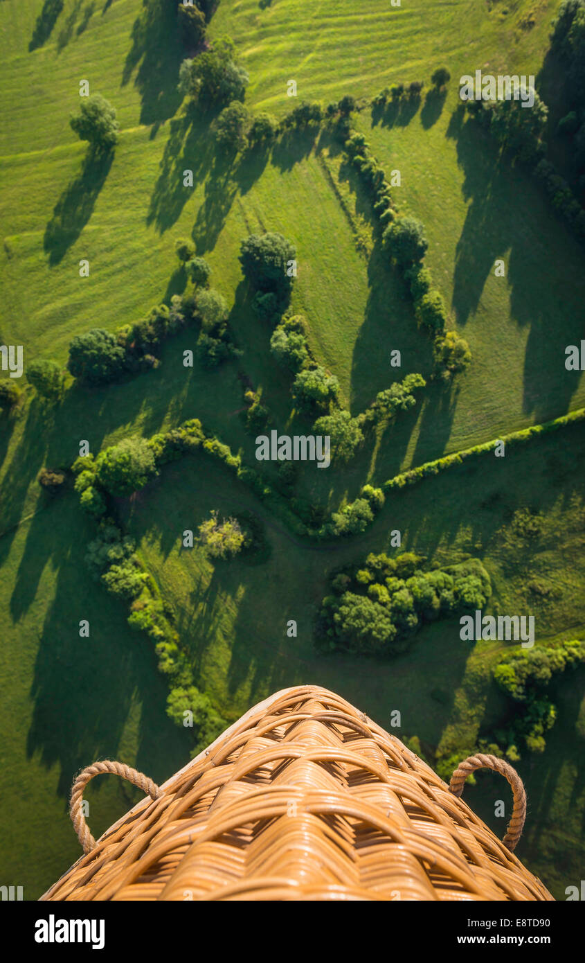 Aerial view from hot air balloon overlooking rural fields Stock Photo